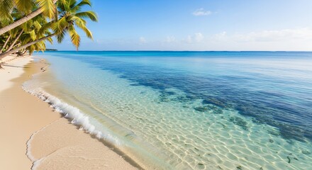 Naklejka premium An idyllic tropical paradise scene unfolds with an inviting expanse of pristine golden sand meeting crystal-clear turquoise waters. Lush green palm trees gracefully arch over the sun-drenched beach, c