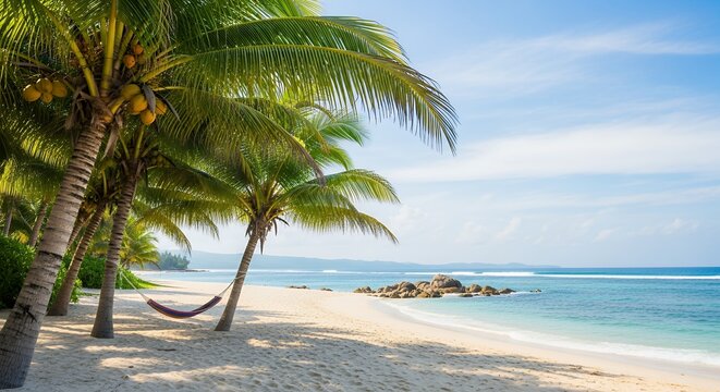 An idyllic tropical beach scene unfolds with majestic palm trees swaying gently over soft, white sand. A vibrant, colorful hammock invites ultimate relaxation between two sturdy palm trunks, casting l