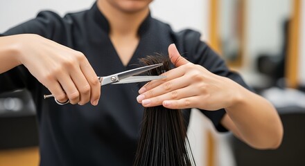 Close-up of a hair professional's hands precisely cutting dark hair with sharp scissors. This image emphasizes meticulous grooming, skill, and the transformative experience of a fresh haircut within a