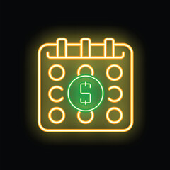 Glowing neon line calendar with a dollar symbol is isolated on a black background, perfect for illustrating concepts such as business planning, paydays, payments, and billing dates