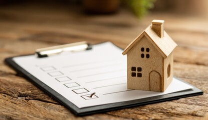 Small wooden house model placed on a checklist on a rustic wooden