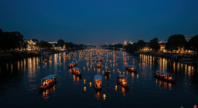 Lantern-lit river parade at night with glowing boats and floating lights