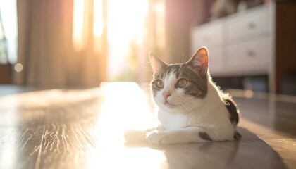 Domestic feline basking in warm sunlight on a polished wooden floor