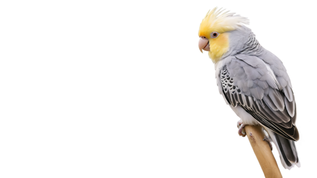 "Beautiful Cockatiel Parrot Collection with Yellow Crest, Studio Portrait and transparent Background, Cute Pet Bird Sitting on Wooden Stool, Exotic Tropical Parakeet Photography Set"