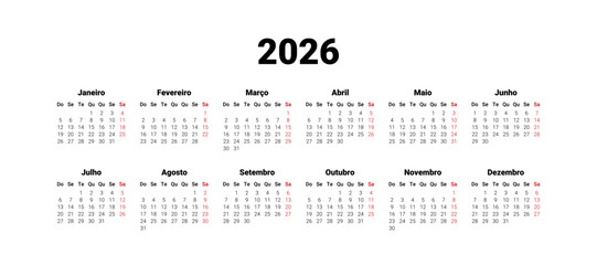 Full months for wall calendar, isolated wall background. Calendar template for Portugal start from Monday. 2026 Calendar in Portuguese