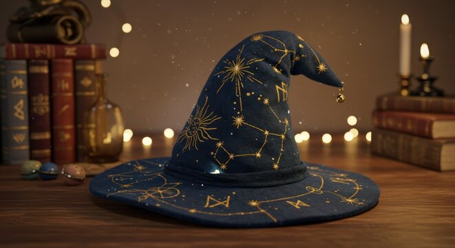 Wizards hat with constellations on table with books and candles