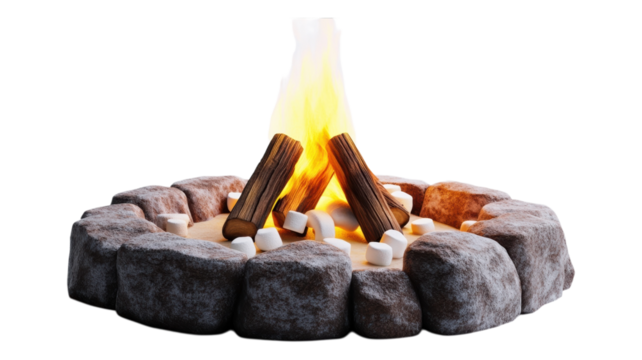 A bonfire with marshmallows surrounded by gray stones on transparent background