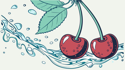 Two Fresh Cherries with Water Splash Illustration.