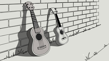 Two Ukuleles Leaning Against a Brick Wall.