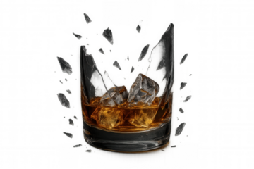 Whiskey glass shattering with ice cubes, concept for destruction, alcoholism, and addiction, transparent background