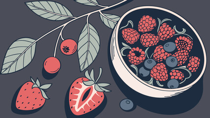 Vibrant Fruit Illustration Berries Cherries and Leaves on Dark Background.