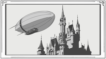 Vintage Illustration Airship Over a Fairytale Castle.