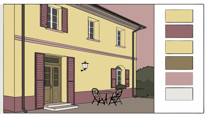 Vintage House Exterior with Patio and Color Palette Illustration.