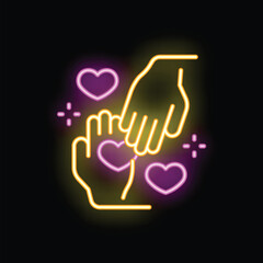 Obraz premium Neon sign representing love, care, and support, featuring two hands holding each other with hearts