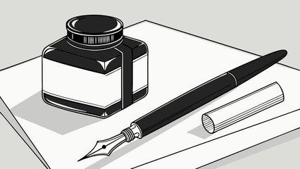 Vintage Inkwell and Fountain Pen Illustration.