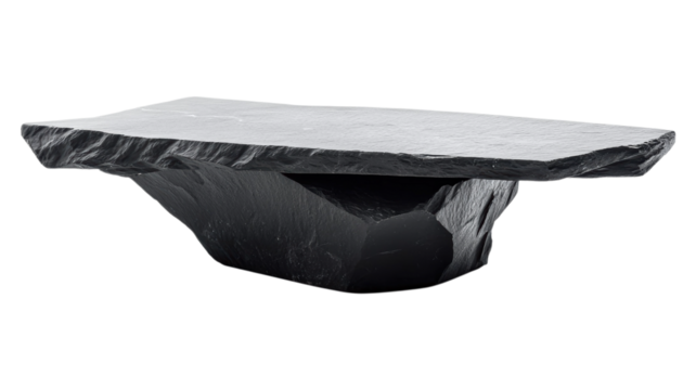Close up of a rough hewn dark stone slab on black background on transparent background