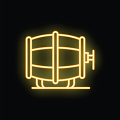 Simple minimalist glowing neon yellow icon of a wooden barrel with tap, isolated vector illustration