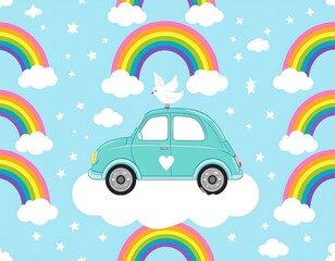Cute cartoon car with rainbow, clouds, stars, and a dove, seamless pattern