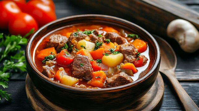 Delicious stew estofado with beef and vegetables in a bowl