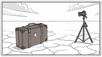 Vintage Suitcase and Camera Outdoors.