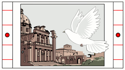 White Dove Flying Over Architectural Illustration of European Cityscape.