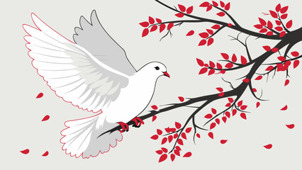 White Dove Taking Flight on Red Leafed Branch Peaceful Bird Illustration Nature Design Vector Art.