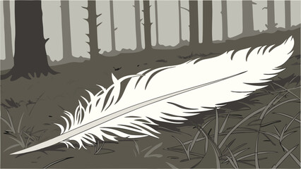 White Feather on Forest Floor Nature Illustration Wildlife Bird Graphic Design Monochrome.