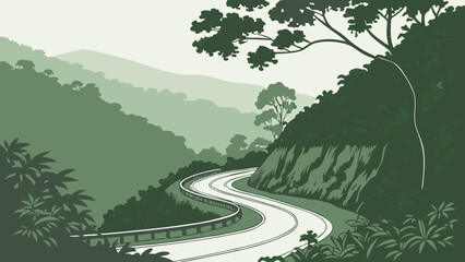 Winding Road Through Lush Green Mountains Scenic Drive Nature Illustration.
