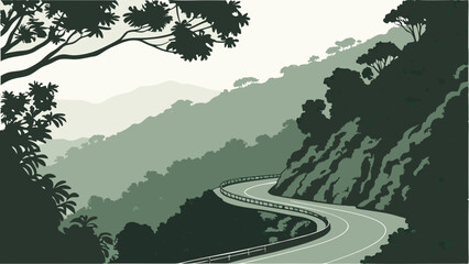 Winding Road Through Lush Mountain Landscape Graphic.