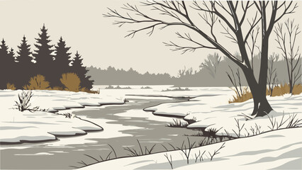 Winter Creek Scene in a Snowy Forest.
