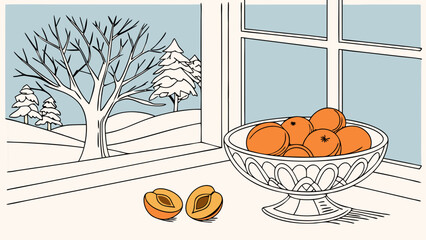 Winter Window Still Life with Fruits and Trees.