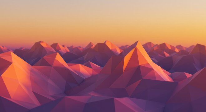 Abstract low poly landscape with warm sunset light and polygonal shapes