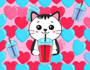 Cute cartoon cat drinking juice surrounded by hearts and drinks for Valentine's Day