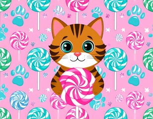 Cute Cartoon Cat Holding a Lollipop with a Pink Background and Paw Prints