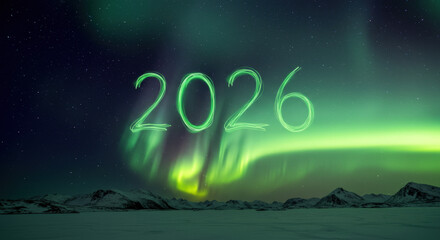 Spectacular celestial display with illuminated numerals above polar landscape