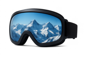 Ski goggles reflecting snowy mountains on transparent background