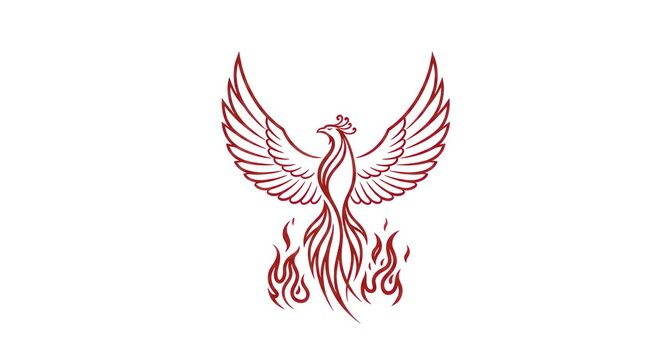 Illustration of a phoenix rising from flames on a white background