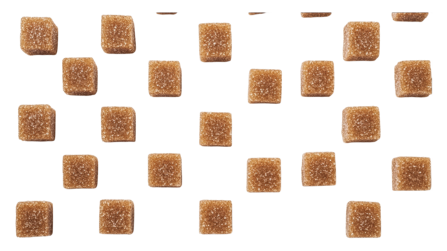 A pattern of brown sugar cubes on a black background grid on transparent background
