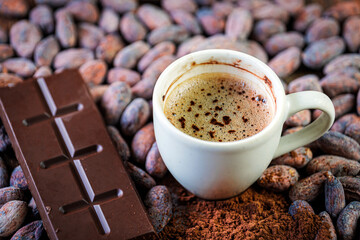 Cocoa drink, Chocolate bar Cocoa powder and beans, clos-up of Cocoa Products,