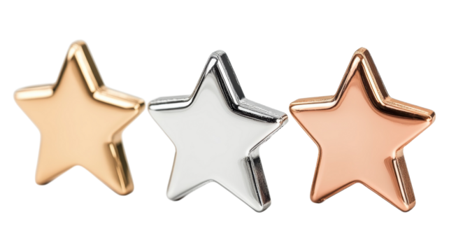 Three metallic star shaped objects in gold silver and rose on transparent background