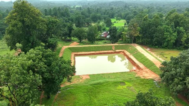 Farm Pond, beutiful pond, indian village pond, areal view, drone shot,