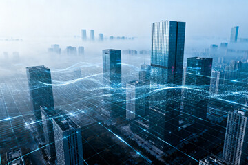 Futuristic cityscape with digital network