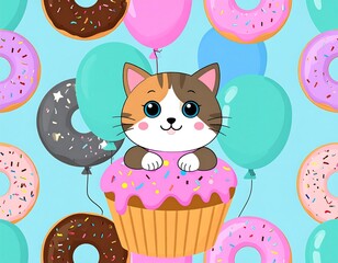 Cute cartoon cat with a cupcake and donuts in a colorful birthday pattern