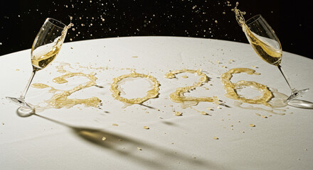 New Year’s toast with bubbly streams creating festive numerals in midair