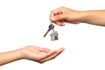 Handing over the house keys. Real estate agent's hand giving house keys to a new homeowner. Isolated on transparent background
