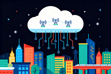 Cloud computing network over cityscape