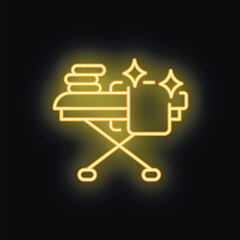 Neon glowing icon of ironing board with folded clothes and shining effect representing laundry service