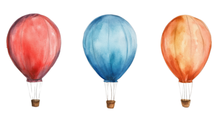 Three watercolor hot air balloons isolated on black background on transparent background