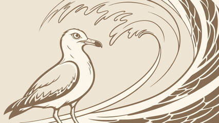 Naklejka premium Seabird and stylized wave illustration coastal wildlife design nautical graphic ocean theme artwork.
