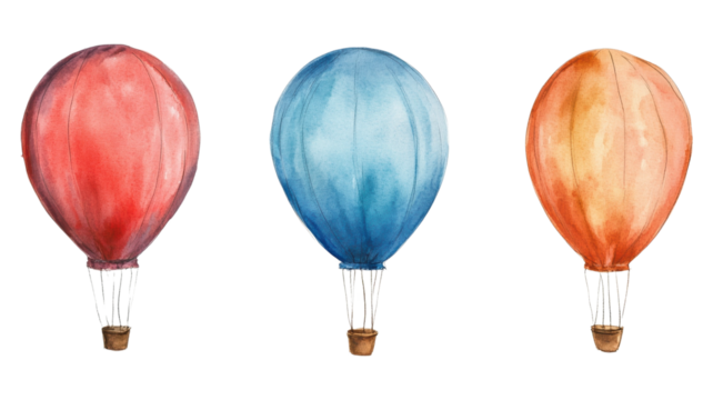 Three watercolor hot air balloons isolated on black background on transparent background